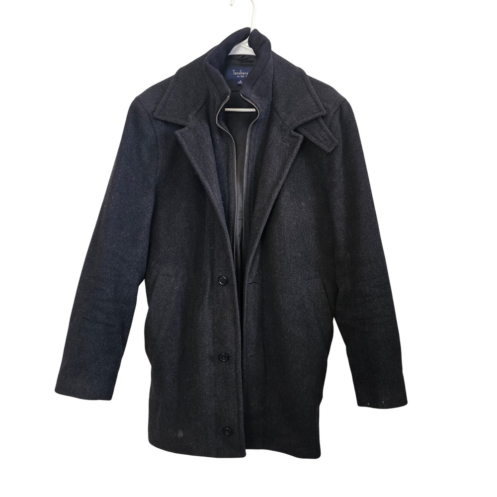 Turnbury Mens Dark Charcoal Wool Blend Zip Front Peacoat Jacket Size s